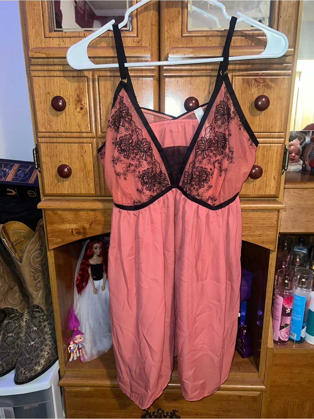 Lela Rose Coral Pink Chemise with Black Lace Trim